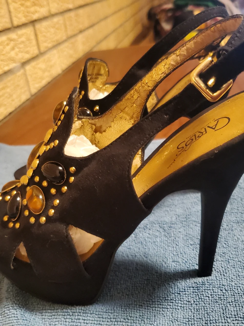 Carlos by Carlos Santana Black Suede Slingback Heels with Amber and Black Jewels